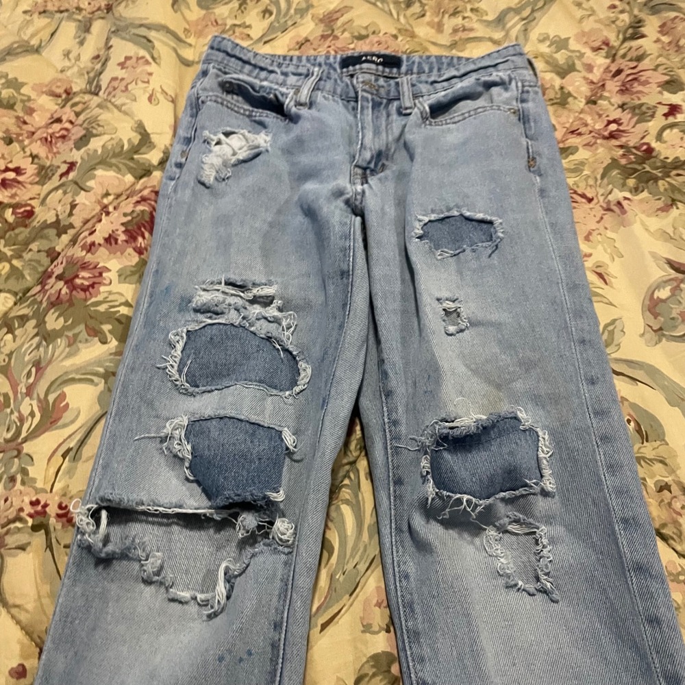 AERO Women Light Wash Distressed Boyfriend Jeans Size 00 Ripped Light Blue Denim - Picture 5 of 8